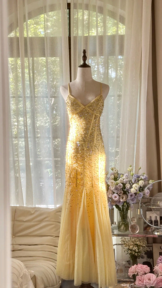 Robe De Soirée Longue Formelle Jaune Sirène Vintage À Bretelles Fines Avec Perles MP1068