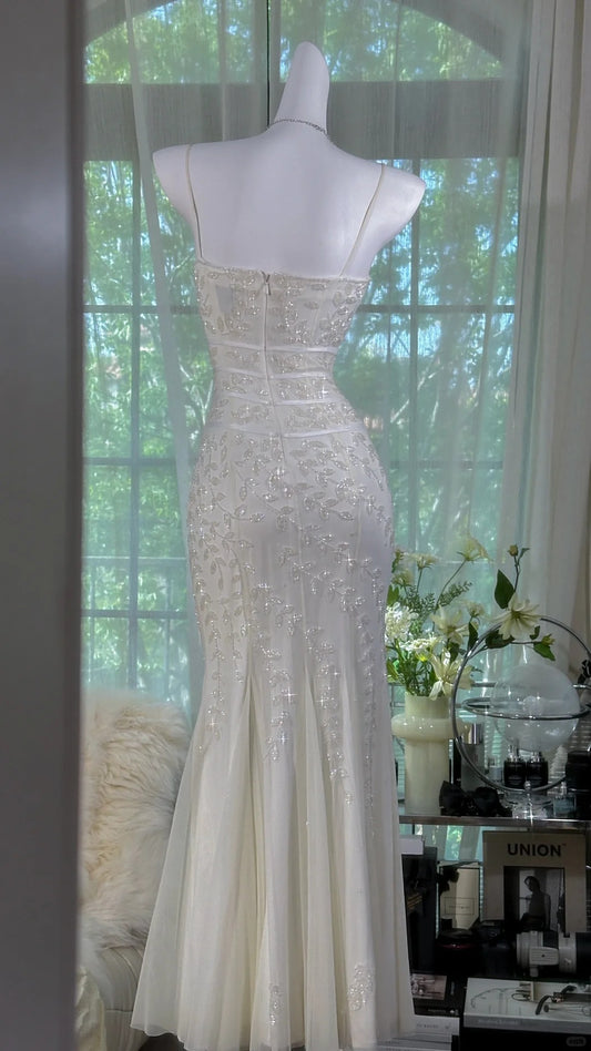 Modest Mermaid Spaghetti Strap Crystals Chiffon White Beaded Evening Night Gown Sleeveless Prom Dresses MP1010