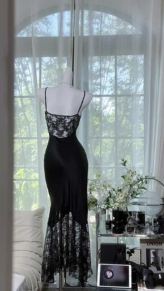 Elegantes Meerjungfrauen-Spaghettiträger-Kleid aus schwarzem Chiffon mit Perlen, ärmellos, mittellang, für den Abschlussball, MP952