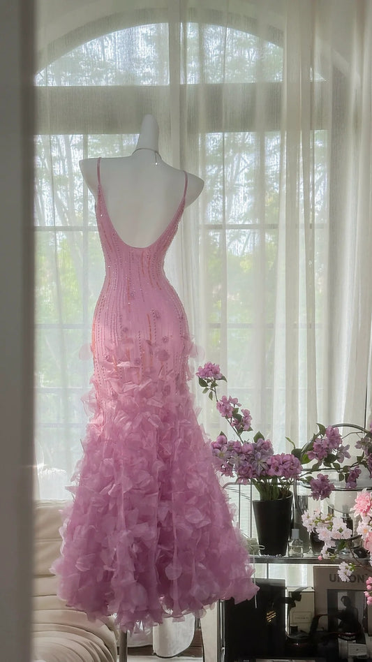 Classy Mermaid Spaghetti Strap Pink Evening Night Gown Sleeveless Prom Dresses MP980