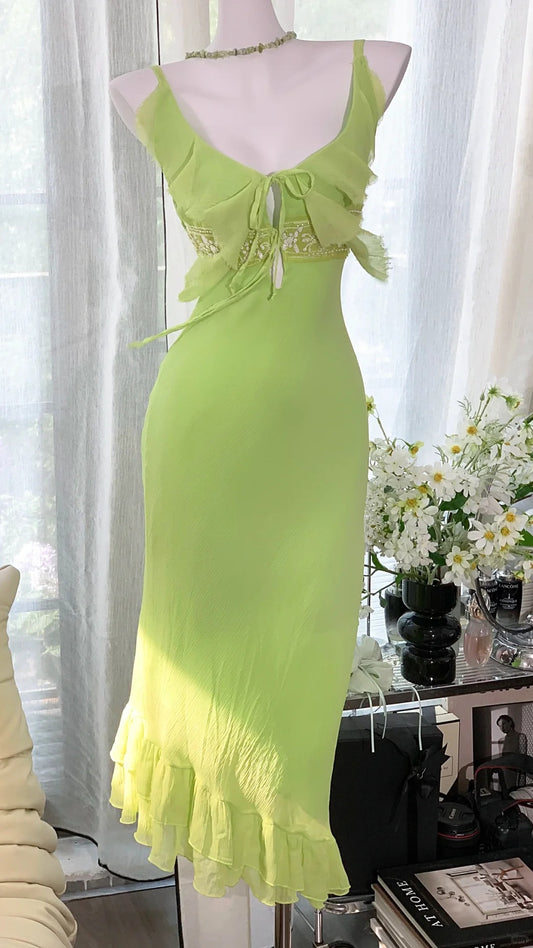 Classy Mermaid Spaghetti Strap Green Chiffon Sleeveless Tea Length Prom Dresses MP975