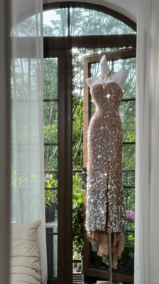 Classy Mermaid Halter Champagne Sequin With Beaded Sleeveless Floor Length Prom Dresses MP958