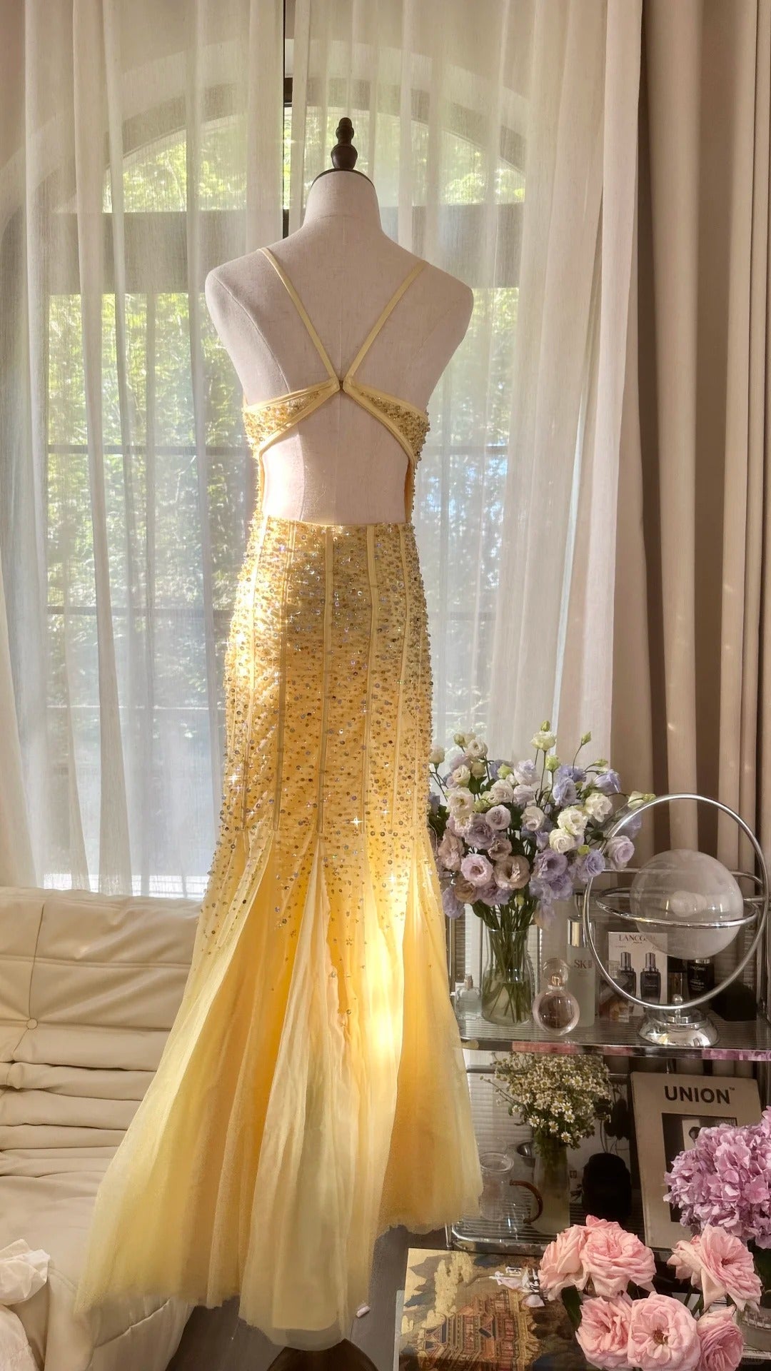 Vintage Meerjungfrau Spaghettiträger Gelb Mit Perlen Abendkleid Lang Ballkleider MP1068