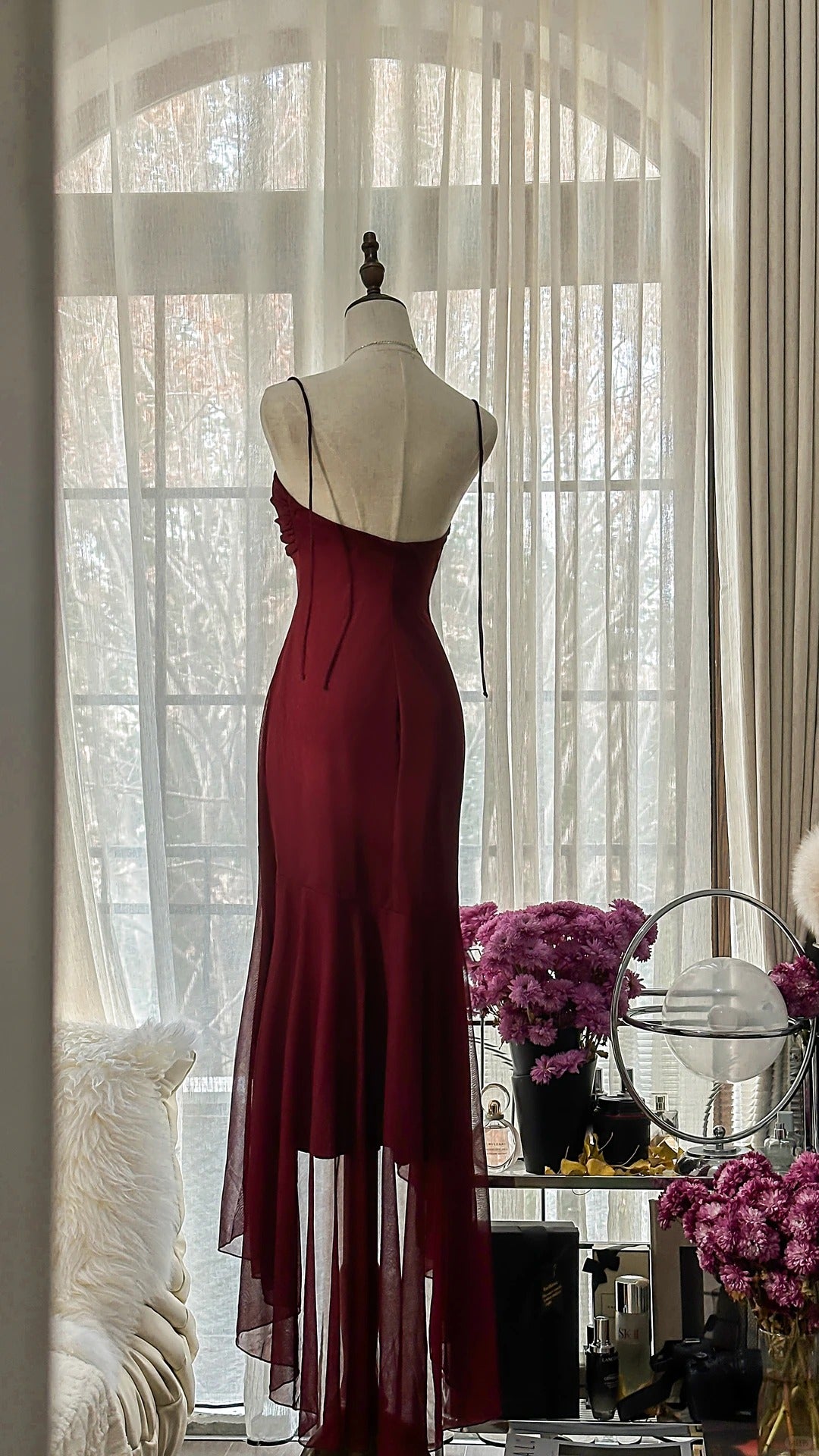Trendy Mermaid Sweetheart Burgundy Sleeveless Formal Outfits Tea Length Prom Dresses M5P1109