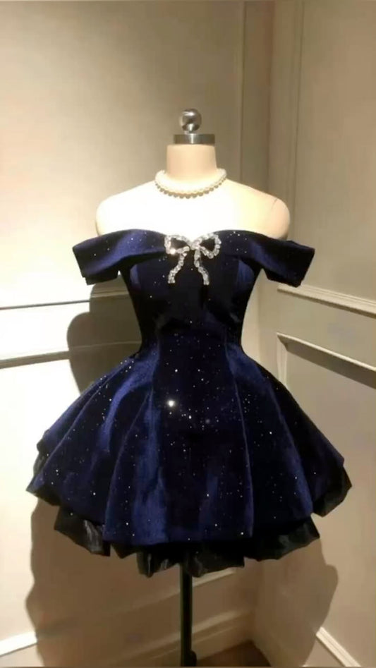 Elegantes Ballkleid schulterfrei Marineblau Kurzes Mini-Samt-Geburtstags-Heimkehrkleid MP634