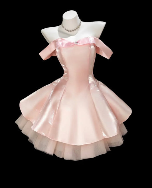 Elegantes Cocktail-Ballkleid schulterfrei Rosa Satin mit kurzen Ärmeln formelle Geburtstagskleider Heimkehrkleider MP703