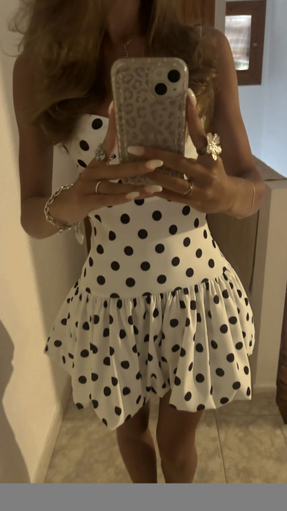 Eng anliegende Träger Hoco Kleid Inspo Homecoming Edle schwarze Tupfen Süße Party Outfits MP409