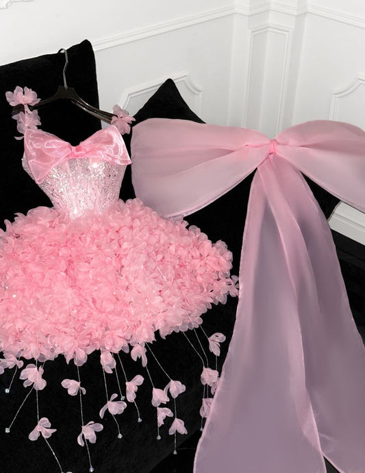 Süßes Ballkleid Träger Rosa Kleid mit 3D-Blumen Tanz Kurzes Mini-Heimkehrkleid Inspo Hoco Outfit Idee MP1339