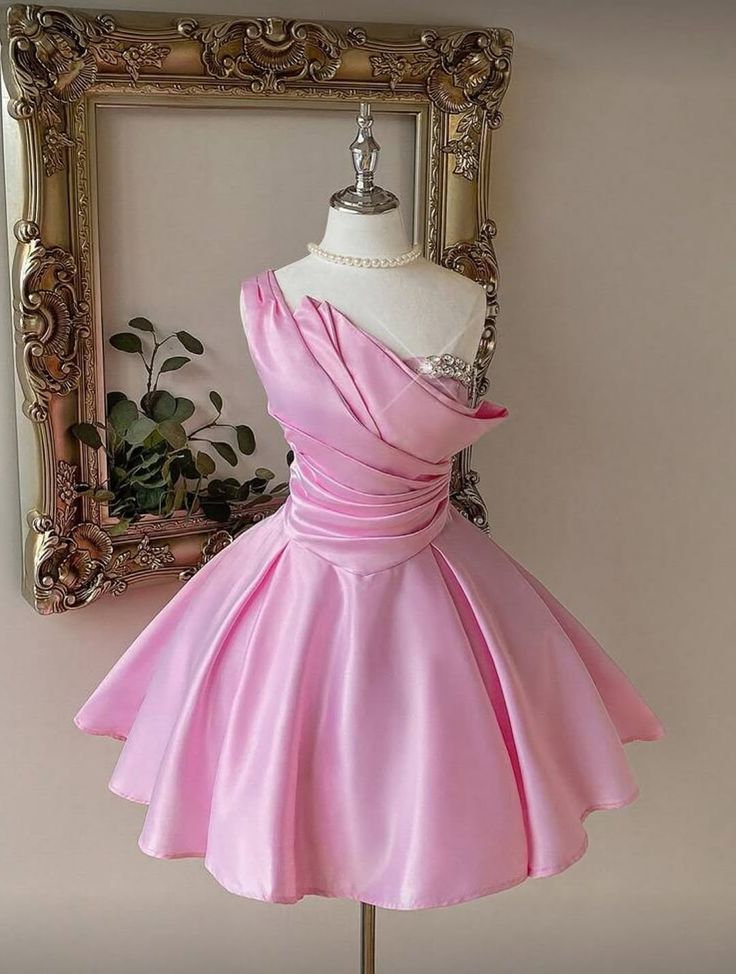 Süßes Ballkleid One Shoulder Pink Satin Kurz Mini Geburtstag Outfits Homecoming Kleid MP817