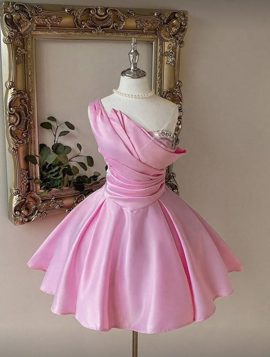 Süßes Ballkleid One Shoulder Pink Satin Kurz Mini Geburtstag Outfits Homecoming Kleid MP817