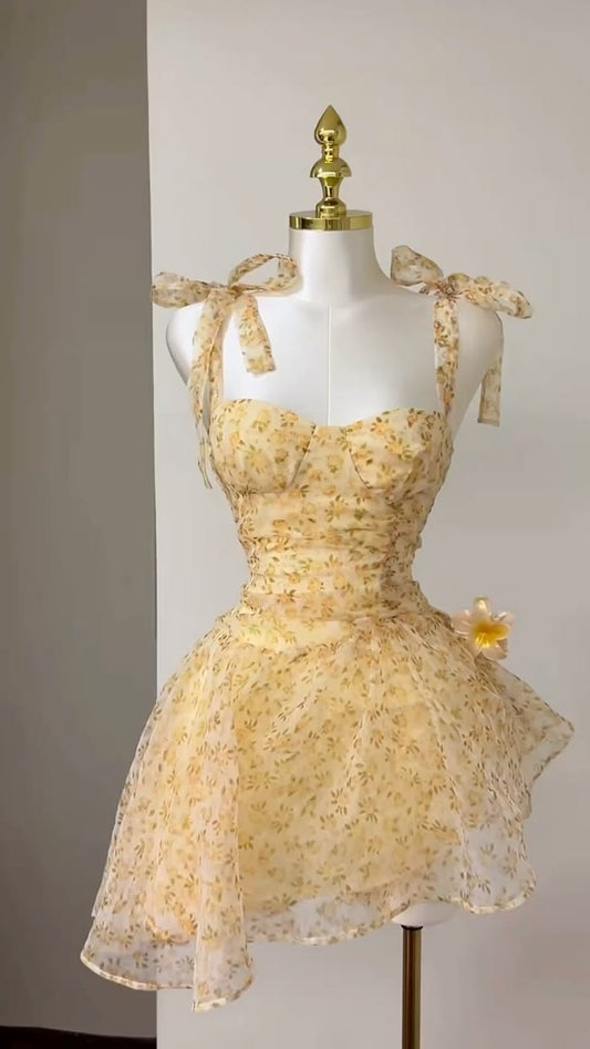 Elegantes Spaghettiträger Gelbes Blumen Mini-Heimkehrkleid Hoco Ballkleid 18. Geburtstag Outfit MP1283