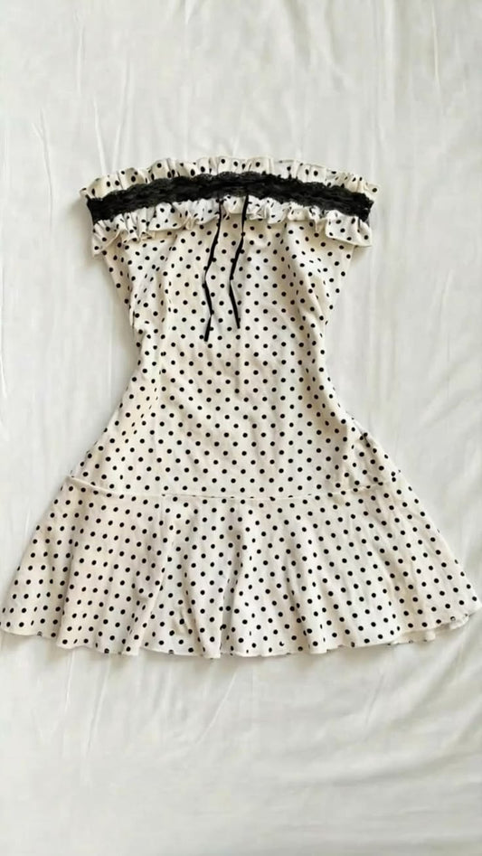 Magnifique robe de bal A-line sans bretelles à pois noirs et blancs, pour une soirée de rentrée élégante MP424