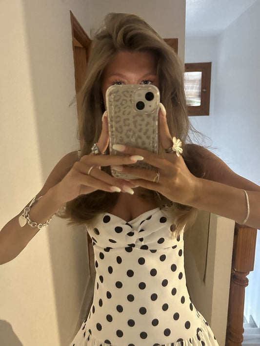 Eng anliegende Träger Hoco Kleid Inspo Homecoming Edle schwarze Tupfen Süße Party Outfits MP409