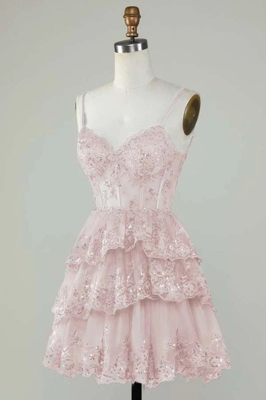 Glamouröses A-Linien-Spaghettiträger-Heimkehrkleid aus pinker Spitze, Minikleid, Hoco-Kleid, Party-Abschlussball-Outfit MP1218