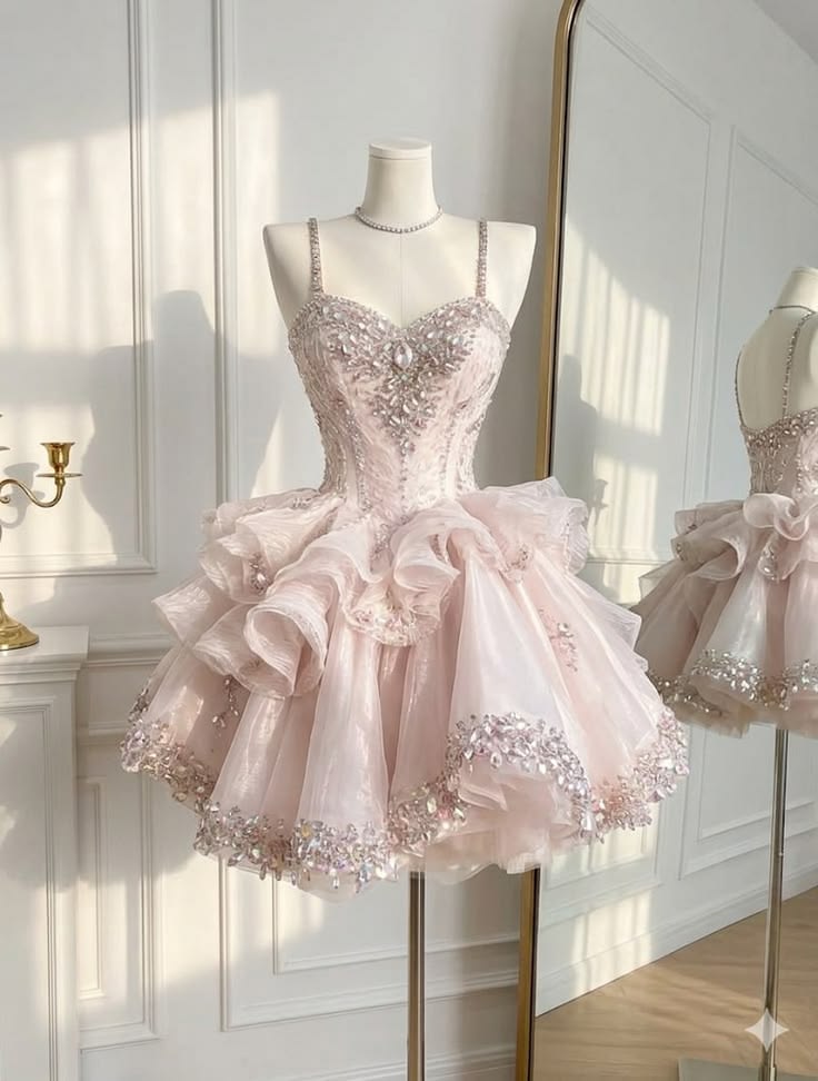 Süßes Ballkleid Spaghettiträger Rosa Tüll Mit Perlen Korsett Geburtstag Homecoming Partykleider MP549