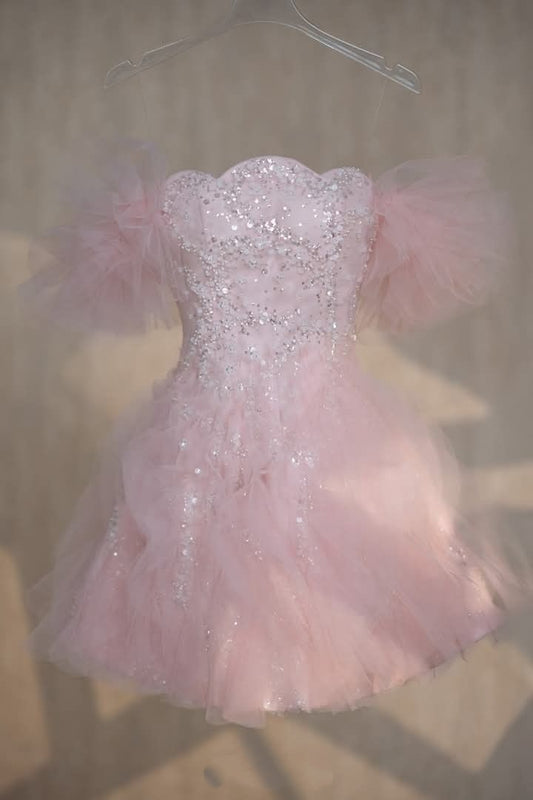 Cute Sheath Strapless Pink Tulle Sweet Outfit Idea Birthday Outfits Homecoming Dresses MP943