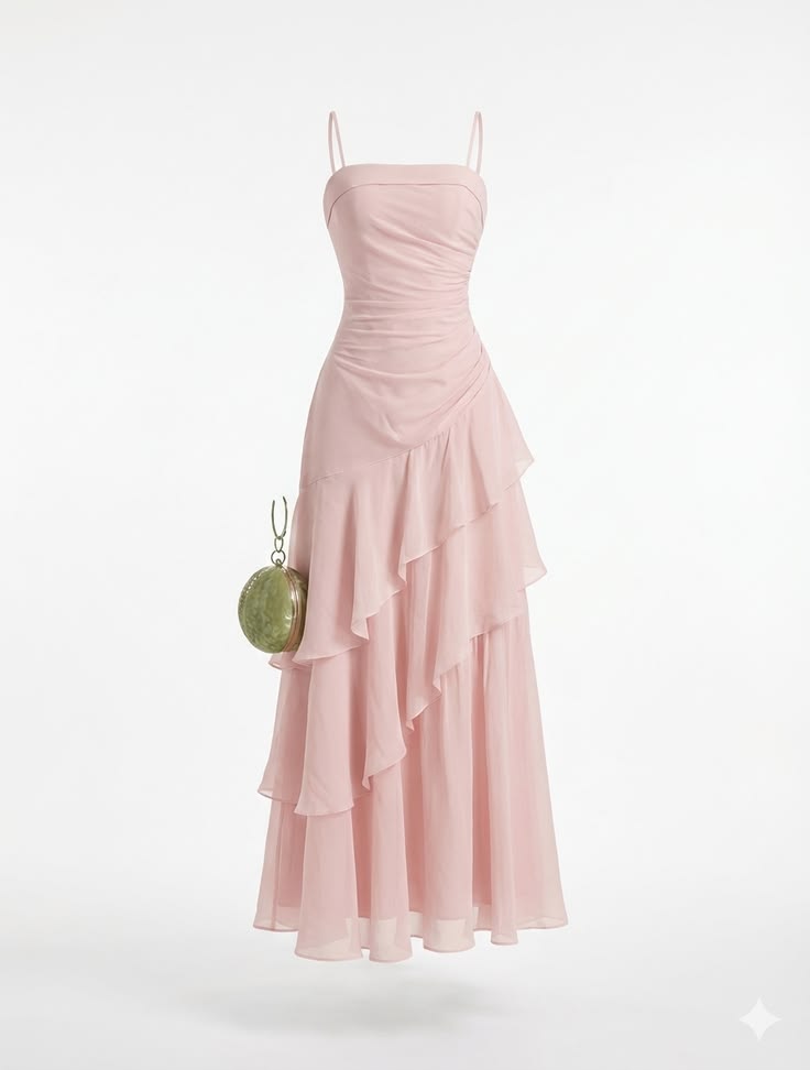 Robe de fête d'anniversaire à l'inspiration vintage, rose volantée à plusieurs couches et à bretelles spaghetti, pour remise des diplômes et bal MP306