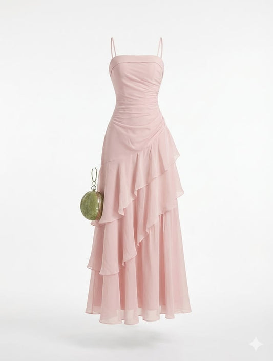 Vintage-Inspired Birthday Party Dresses Pink Ruffled Layered Spaghetti Strap Graduation Prom Dresses MP306