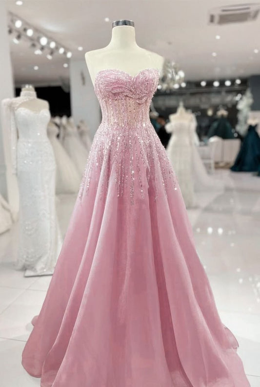 Elegant Long Prom Dresses Aurora-Inspired Pink Tulle With Beaded Formal Dress Graduation Gowns MP309
