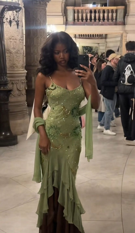 Sexy Scheide High-Low Spaghetti-Träger Grünes Chiffon-Ballkleid Ärmellose Damen-Partykleider MP566