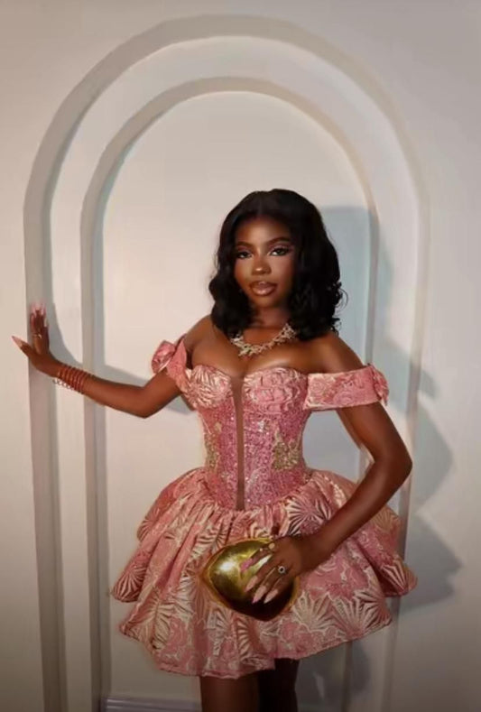 Sexy Ball Gown Off The Shoulder Pink Black Girls Satin Mini Short 16th Birthday Outfits Homecoming Dresses MP944