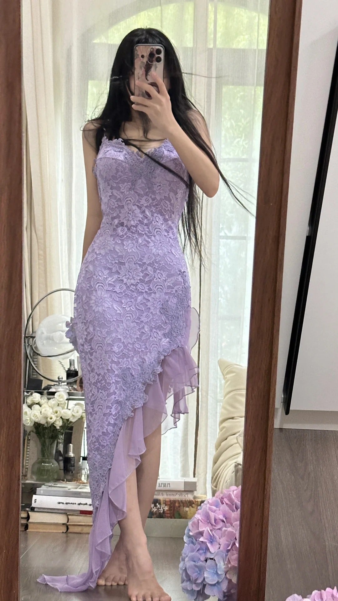 Sexy Meerjungfrau Spaghettiträger Lila Spitze Unregelmäßiges Ärmelloses Abendkleid Ballkleid MP1103