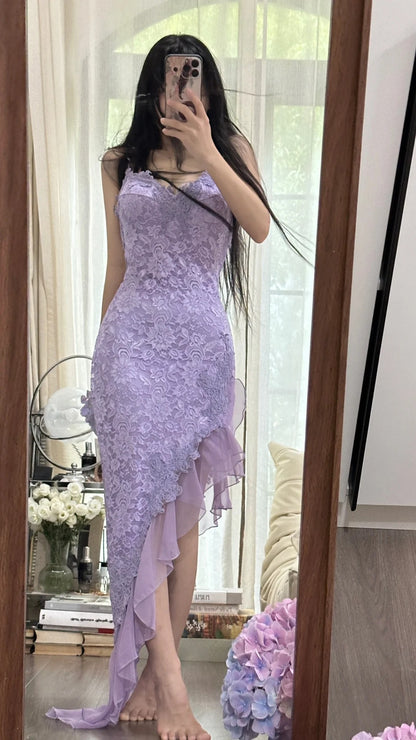 Sexy Meerjungfrau Spaghettiträger Lila Spitze Unregelmäßiges Ärmelloses Abendkleid Ballkleid MP1103