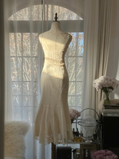 Vintage Meerjungfrau V-Ausschnitt Weiß Chiffon Abendkleid Knielang Ballkleider MP1100