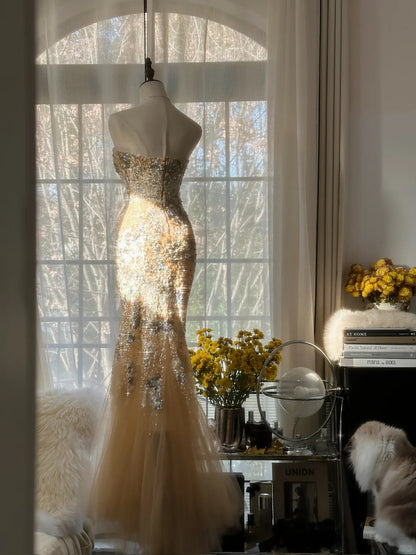 Sparkly Mermaid Sweetheart Champagne Tulle With Lace Sleeveless Formal Outfits Prom Dresses MP1112