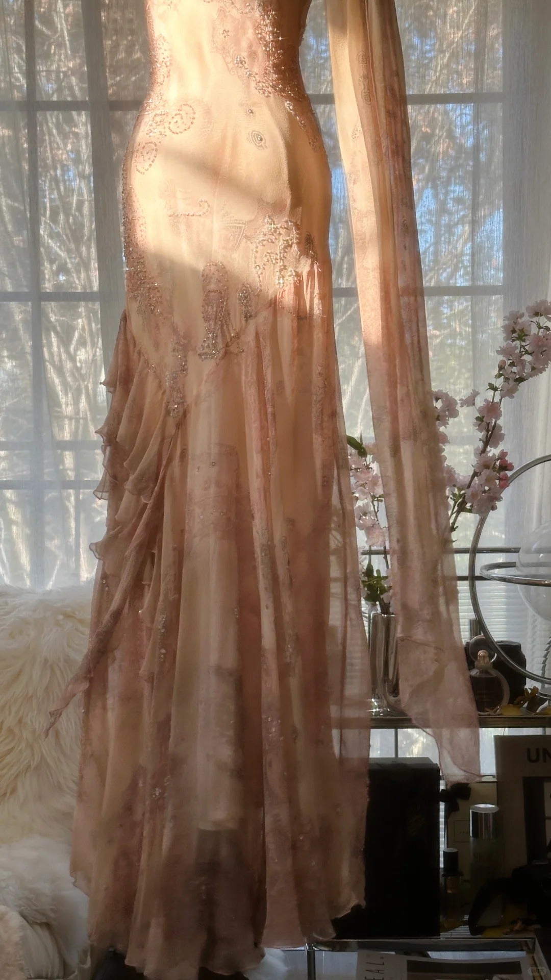 Vintage Meerjungfrau Spaghettiträger Chiffon Rouge Pink mit Perlen Abendkleid Lang Abschlussballkleid MP1021