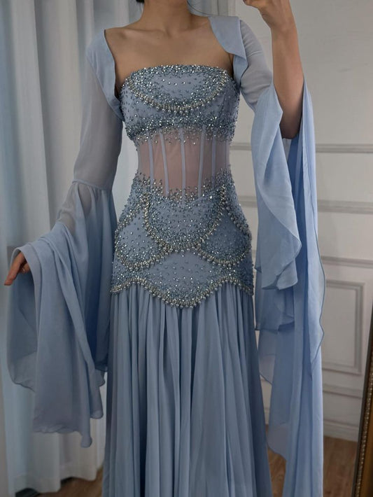 Glamorous Mermaid Strapless Blue With Beading Chiffon Cape Jacket Sleeves Long Prom Dresses MP736