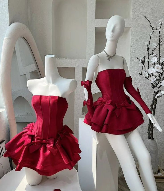 Cute Ball Gown Strapless Burgundy Satin Dance Short Mini Homecoming Dresses Inspo Hoco Dress Idea MP1356