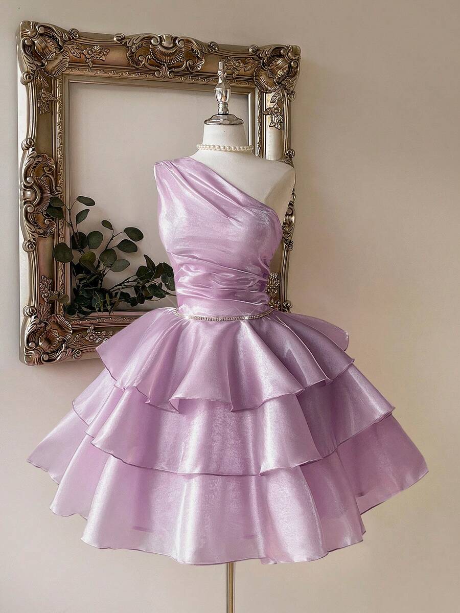 Pretty Cocktail Dresses Ball Gown One Shoulder Blue With Long Layers Tiered Short Mini Birthday Homecoming Dress MP571