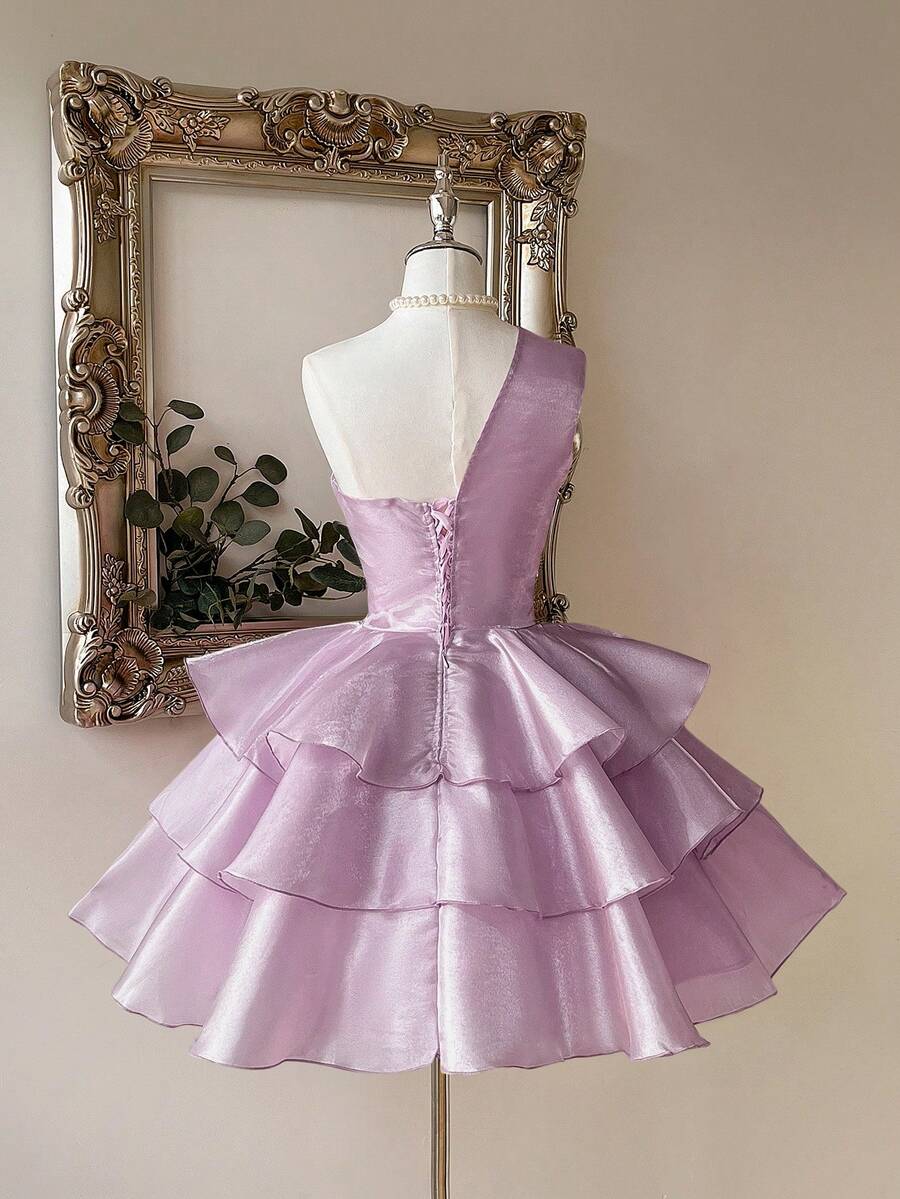 Pretty Cocktail Dresses Ball Gown One Shoulder Blue With Long Layers Tiered Short Mini Birthday Homecoming Dress MP571