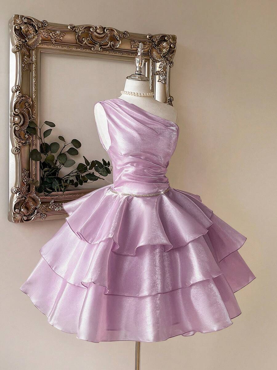 Pretty Cocktail Dresses Ball Gown One Shoulder Blue With Long Layers Tiered Short Mini Birthday Homecoming Dress MP571