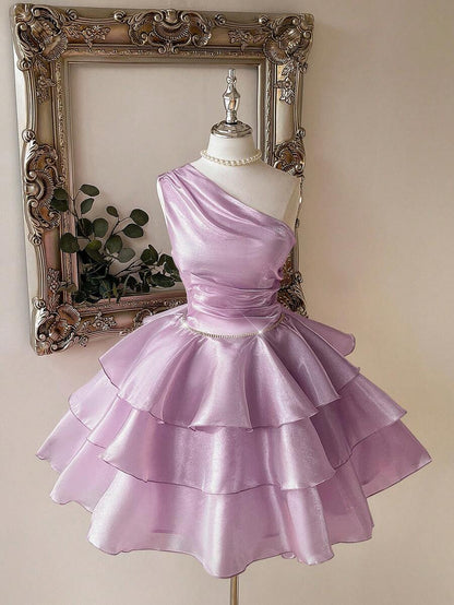 Pretty Cocktail Dresses Ball Gown One Shoulder Blue With Long Layers Tiered Short Mini Birthday Homecoming Dress MP571