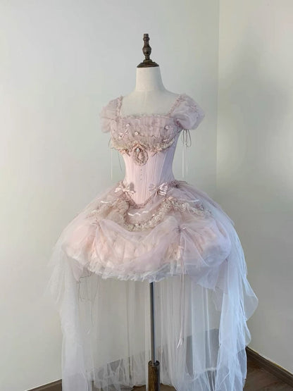 Robe Lolita courte en tulle floral rose à encolure carrée Unique, Robes de bal de promo, Robe de bal MP1336