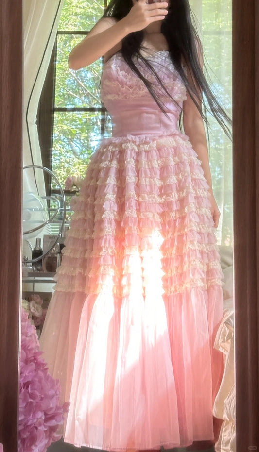 Vintage Ball Gown Sweetheart Pink Tulle 1950s Formal Gown Evening Night Prom Dresses MP1055