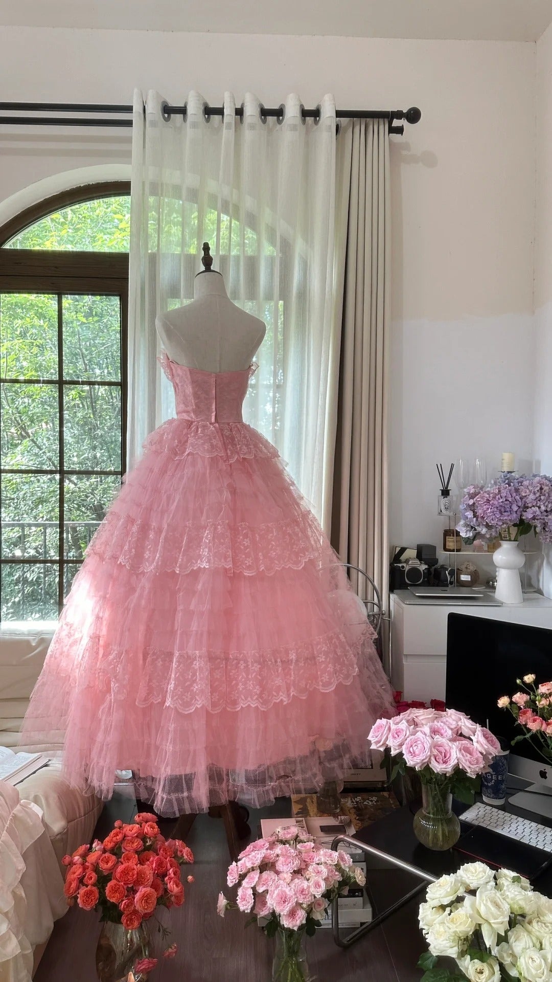 Prinzessin Ballkleid Herzförmiger Ausschnitt Rosa Tüll 1950er Formales Abendkleid Ballkleider MP1056