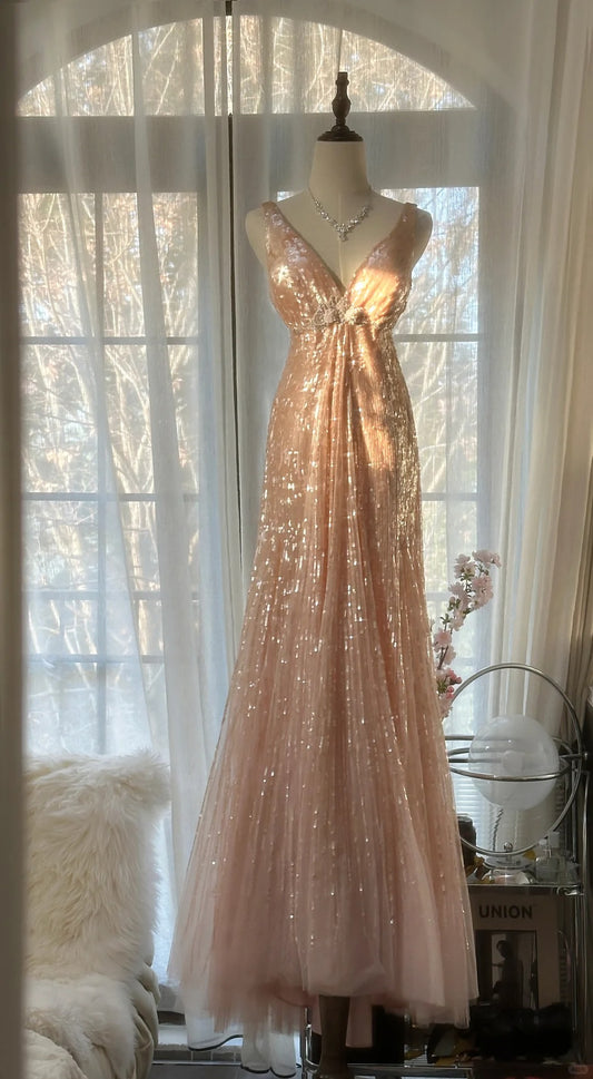 Sparkly Mermaid V Neck Blush Pink Sequin With Beading Formal Gown Long Evening Night Prom Dresses MP1031
