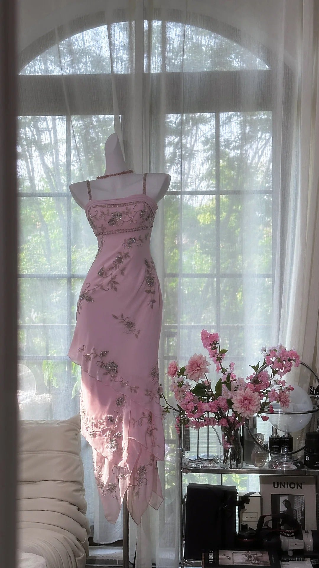 Sparkly Sheath Spaghetti Strap Pink Tea Length Graduation Homecoming 15th Birthday Outfits MP950