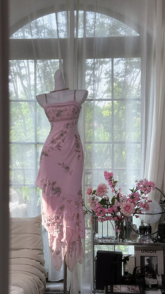 Sparkly Sheath Spaghetti Strap Pink Tea Length Graduation Homecoming 15th Birthday Outfits MP950