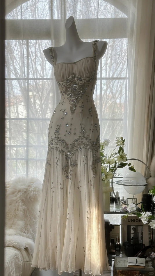Classy Mermaid Square Neck White Chiffon Long Evening Night Gown Sleeveless Prom Dresses MP996