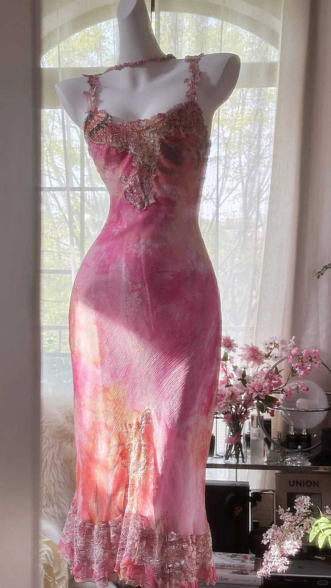 Vintage Mermaid Pink With Lace Formal Gown With Appliqued Evening Night Mid Length Prom Dresses MP1000