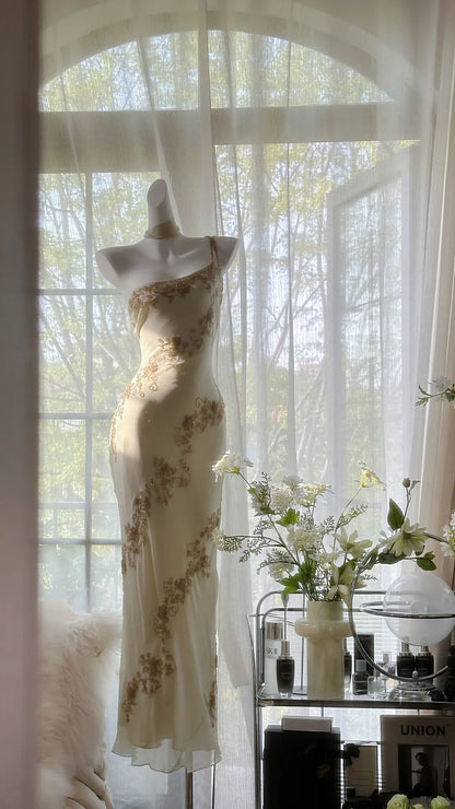 Vintage Mermaid One Shoulder Ivory Gown With Beading Evening Night Long Prom Dresses MP991