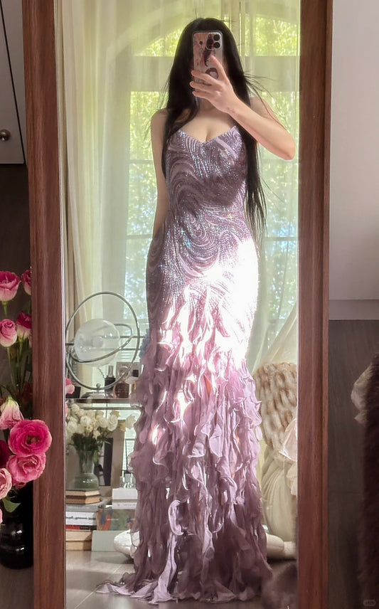 Pretty Mermaid Spaghetti Strap Lilac Chiffon With Beading Ruffled Long Sleeveless Formal Gowns Prom Dresses MP1124