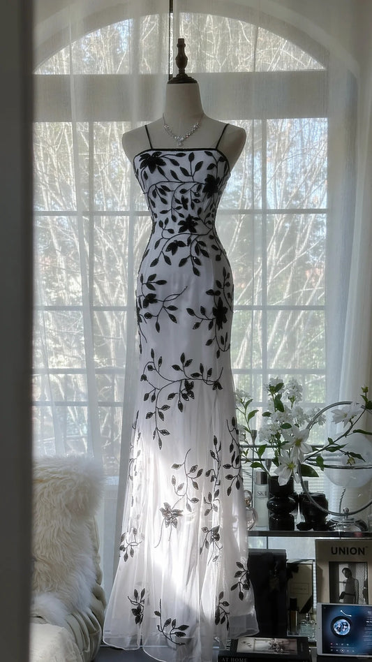 Modest Mermaid Spaghetti Strap White Chiffon With Black Beading Formal Gown Long Evening Night Prom Dresses MP1047