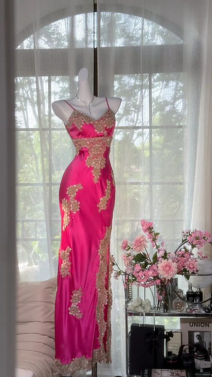 Elegante Meerjungfrauen-Abendkleider MP967 in Hot Pink mit Spaghettiträgern, Perlenstickerei und Spitze, Ärmellos, Bodenlang