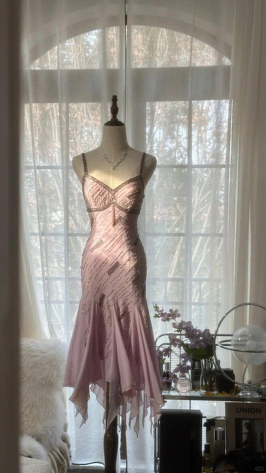 Modest Mermaid Spaghetti Strap Pink Chiffon With Beading Evening Night Gown Knee Length Prom Dresses MP1035