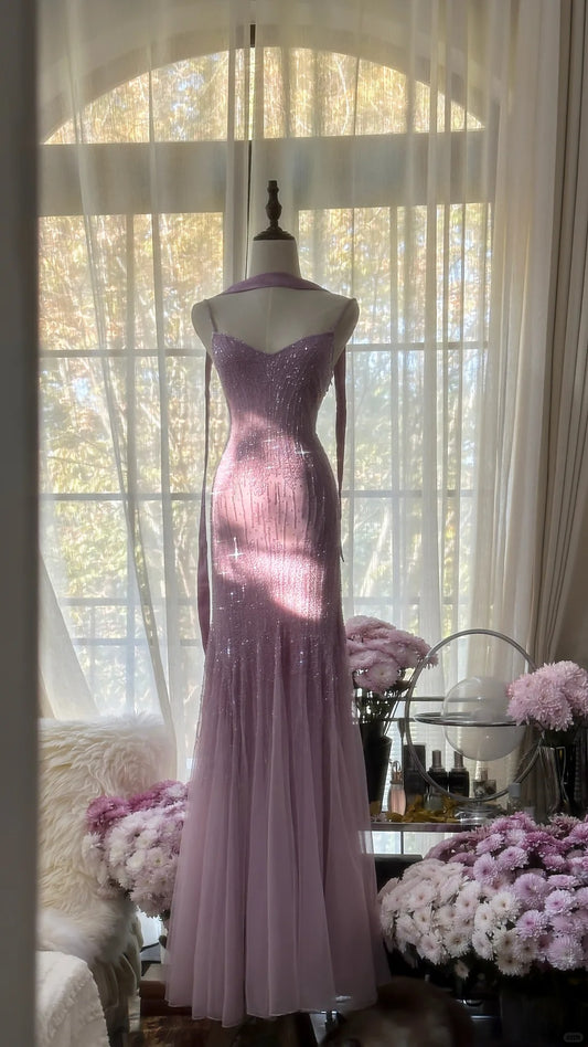 Beautiful Mermaid Spaghetti Strap Lilac Chiffon With Scarf Long Formal Outfits Prom Dresses MP1121